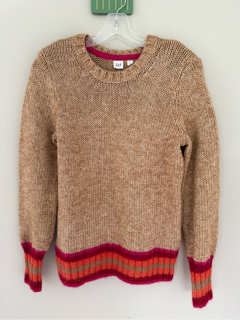 GAP Tan Crewneck Sweater with Pink and Orange Stripe Trim